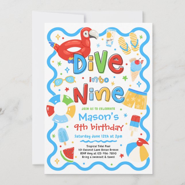 Dive Into Nine Summer Pool Party 9th Birthday Invitation (Front)