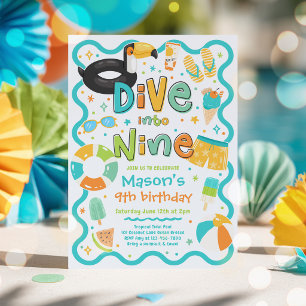 Dive Into Nine Summer Pool Party 9th Birthday Invitation