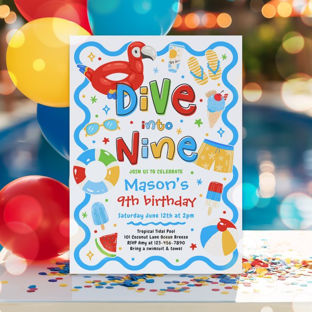 Dive Into Nine Summer Pool Party 9th Birthday Invitation (Creator Uploaded)