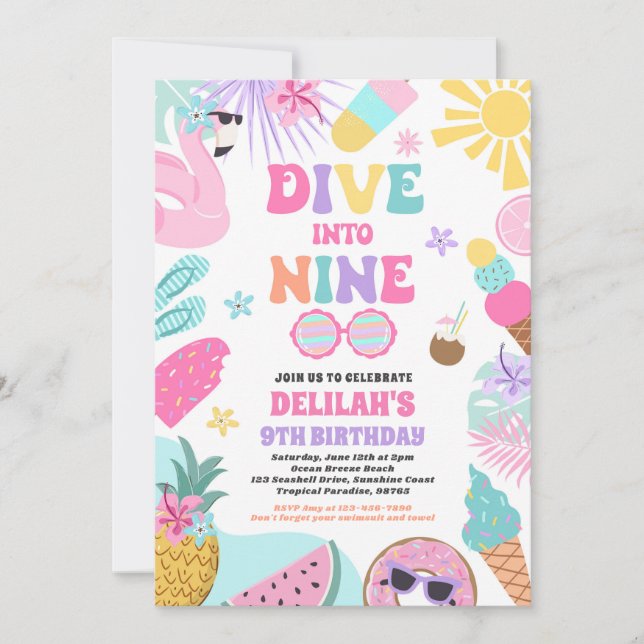 Dive Into Nine Tropical Beach 9th Birthday Party Invitation (Front)