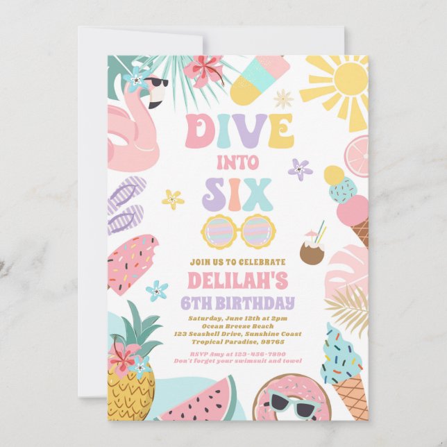 Dive Into Six Tropical Beach 6th Birthday Party Invitation (Front)