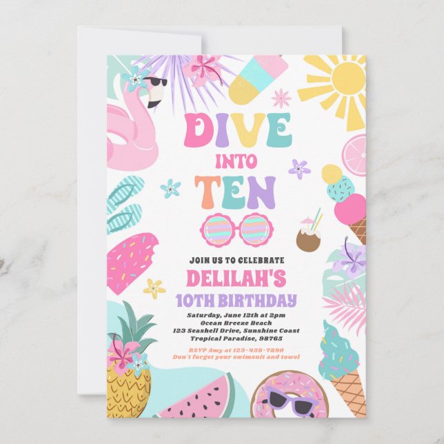 Dive Into Ten Tropical Beach 10th Birthday Party Invitation (Front)