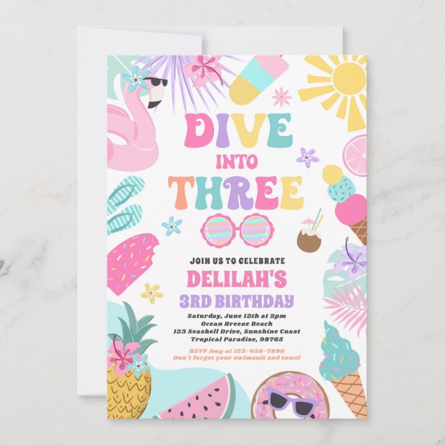 Dive Into Three Tropical Beach 3rd Birthday Party Invitation (Front)