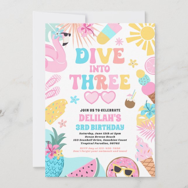 Dive Into Three Tropical Beach 3rd Birthday Party Invitation (Front)