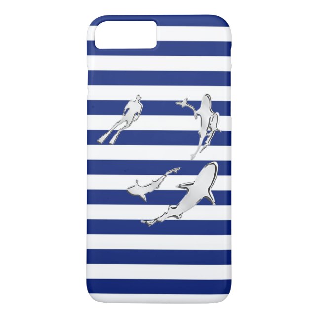 Diver and Sharks on Nautical Stripes Case-Mate iPhone Case (Back)
