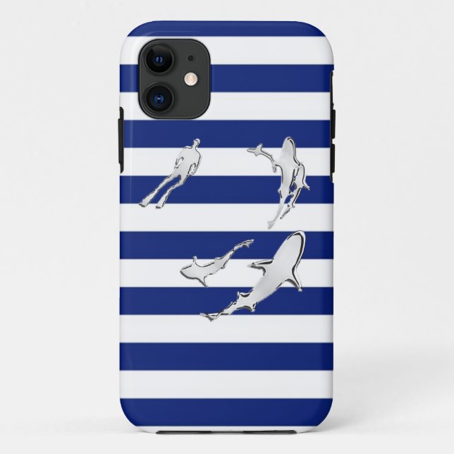 Diver and Sharks Silhouettes on Nautical Stripes Case-Mate iPhone Case (Back)