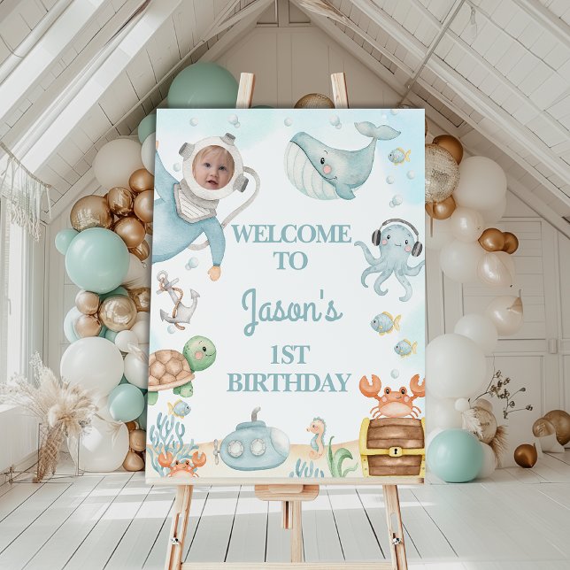 Diver Blue Oneder Sea 1st Birthday Welcome Sign (Under The Sea 1st Birthday Welcome Sign, Diver Photo Boys Oneder the Sea 1st Birthday Welcome Sign)