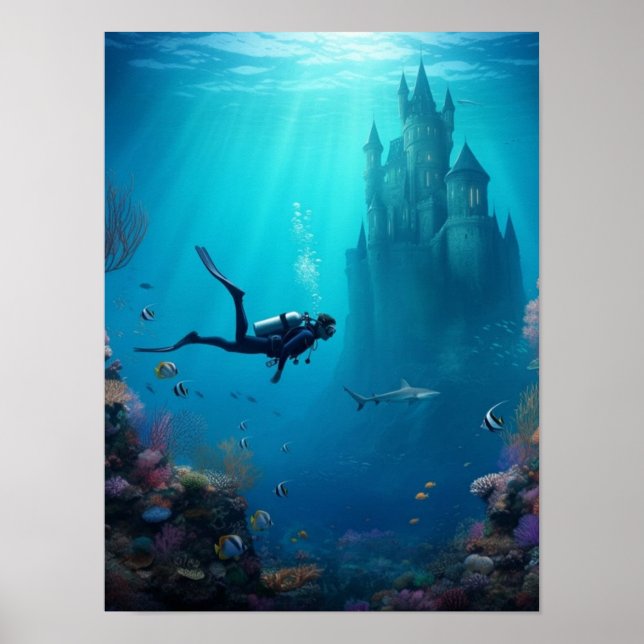 Diver finds a castle in the reef poster (Front)