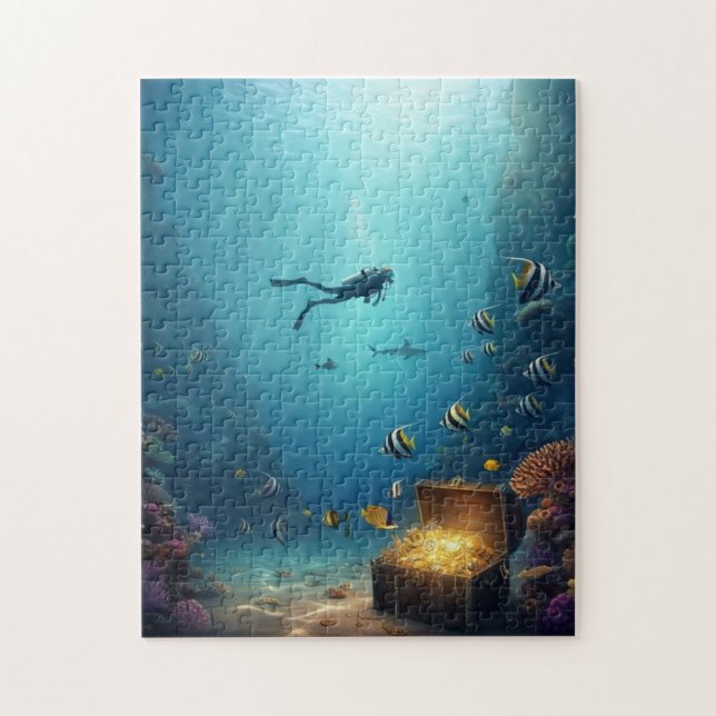 diver finds treasure in coral reef jigsaw puzzle (Vertical)