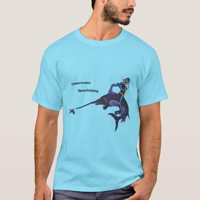 Diver Spearfishing Underwater with a Swordfish T-Shirt (Front)