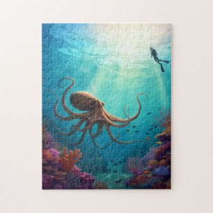 diver spots giant octopus in reef jigsaw puzzle