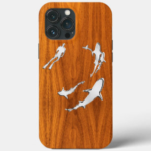 Diver with Sharks on Teak Veneer Style iPhone 13 Pro Max Case