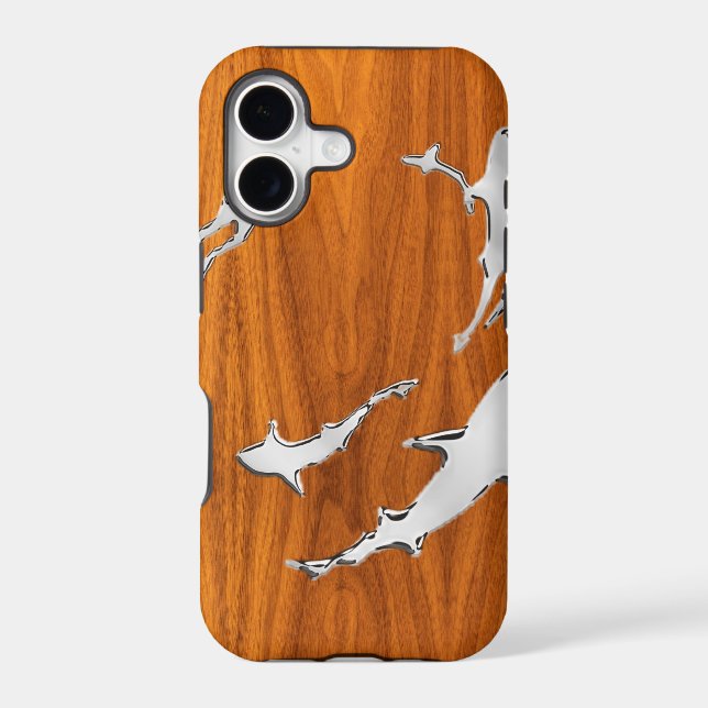 Diver with Sharks Silhouettes on Teak Veneer (Back)