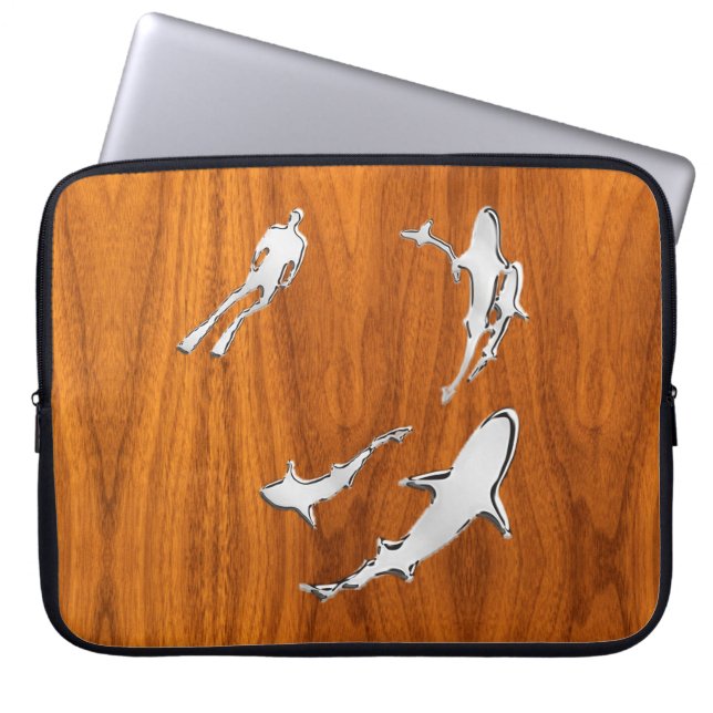 Diver with Sharks Silhouettes on Teak Veneer Laptop Sleeve (Front)