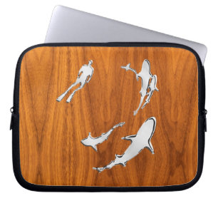 Diver with Sharks Silhouettes on Teak Veneer Laptop Sleeve