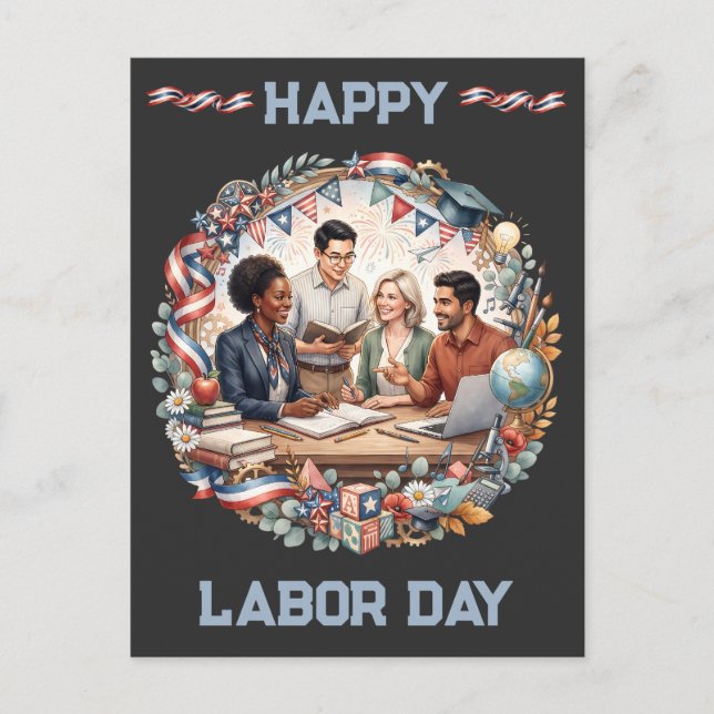 Diverse Educators Patriotic Labour Day Team Art Postcard (Front)