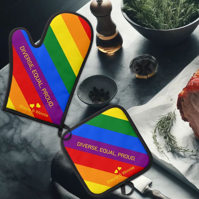 'Diverse, Equal, Proud.' LGBT Rainbow Flag Pride Oven Mitt & Pot Holder Set (Creator Uploaded)