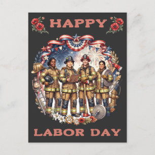 Diverse Firefighters Patriotic Labour Day Heroes Postcard