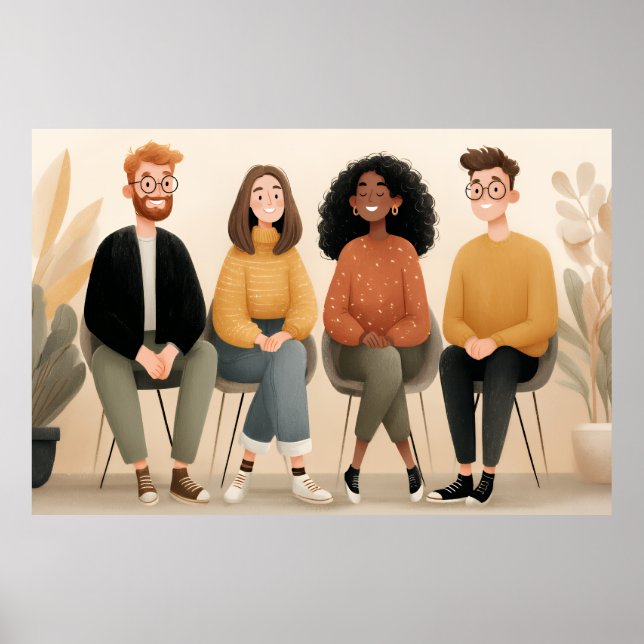 Diverse Friends Sitting Together Cozy Illustration Poster (Front)