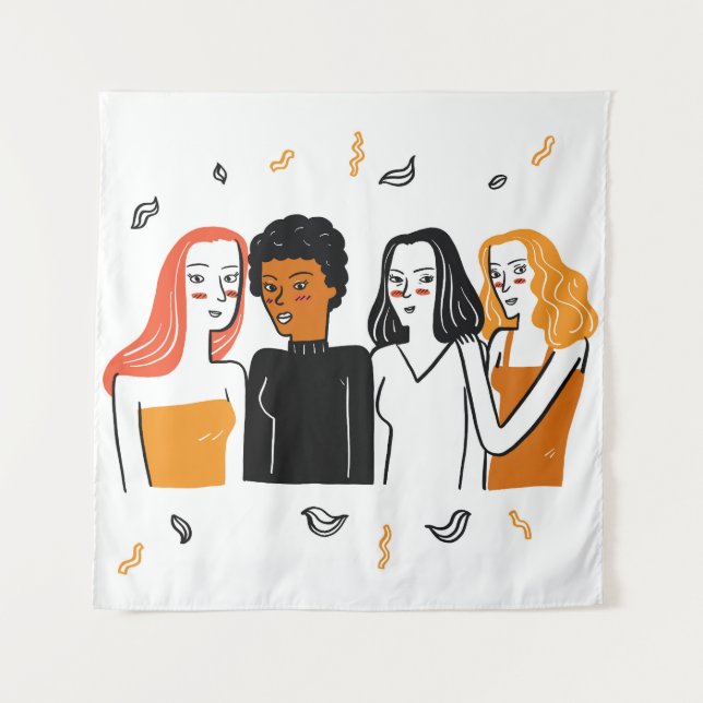 Diverse girls, various nationalities together. tapestry (Front)