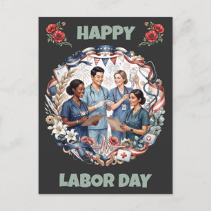 Diverse Nursing Team Patriotic Labour Day Art Postcard