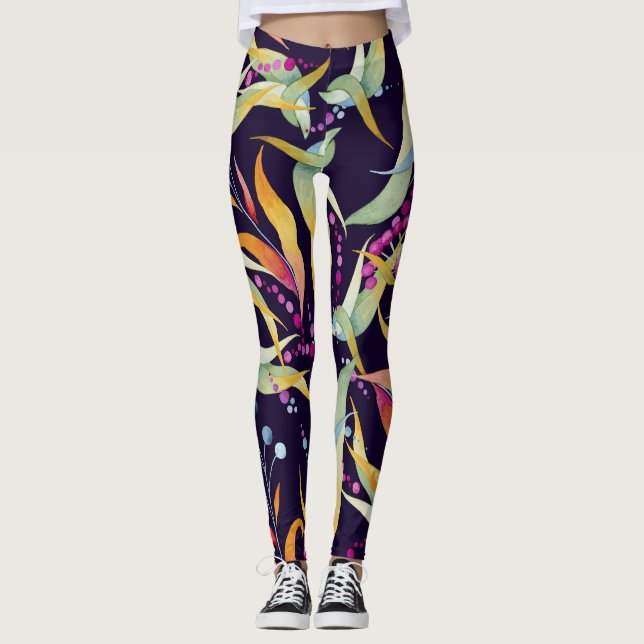 Diverse plant pattern: seamless watercolor design leggings (Front)