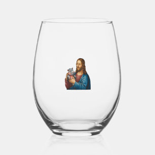 Divine and Playful Scene Jesus with Moo Deng Hippo Stemless Wine Glass