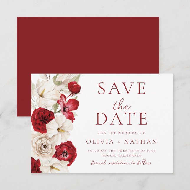 Divine Bloom: Red & White Floral Wedding Save The Date (Front/Back)
