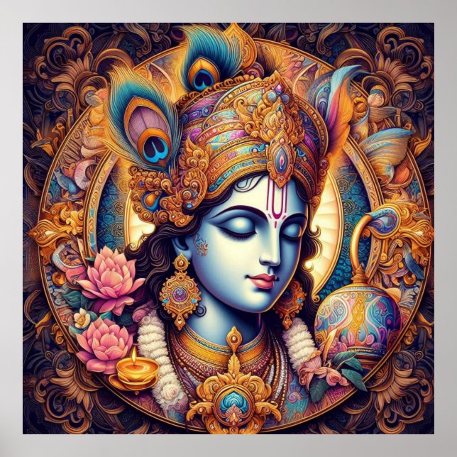 Divine Blue Krishna Art Poster (Front)