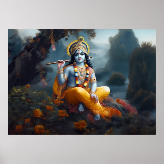 Divine Blue Lord Krishna Art Poster (Front)