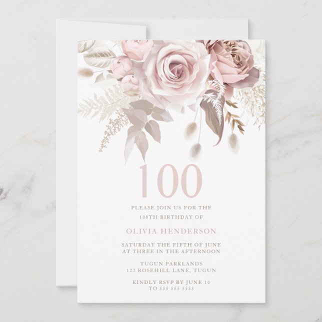 Divine Blush Pink Roses 100th Birthday Party Invitation (Front)