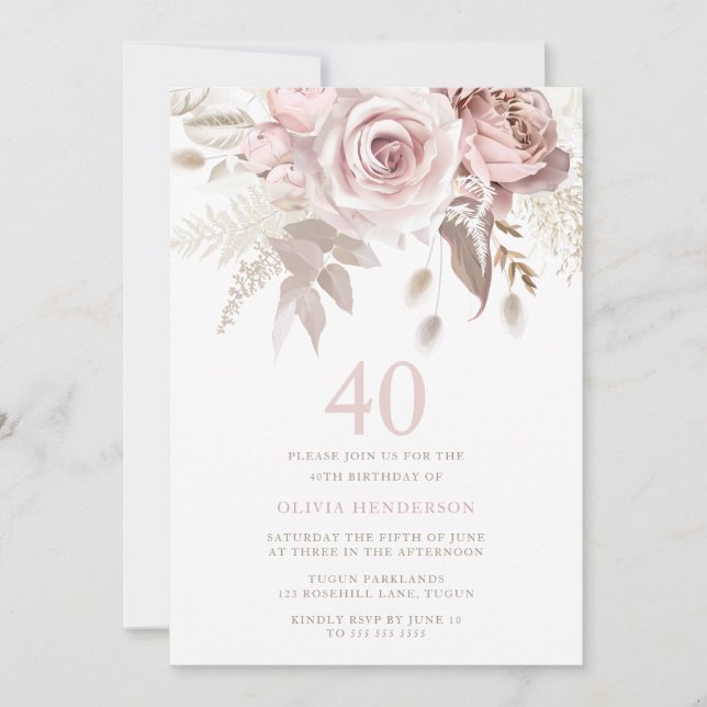 Divine Blush Pink Roses 40th Birthday Party Invitation (Front)