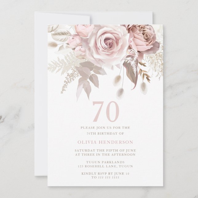 Divine Blush Pink Roses 70th Birthday Party Invitation (Front)