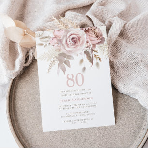 Divine Blush Pink Roses 80th Birthday Party Invitation