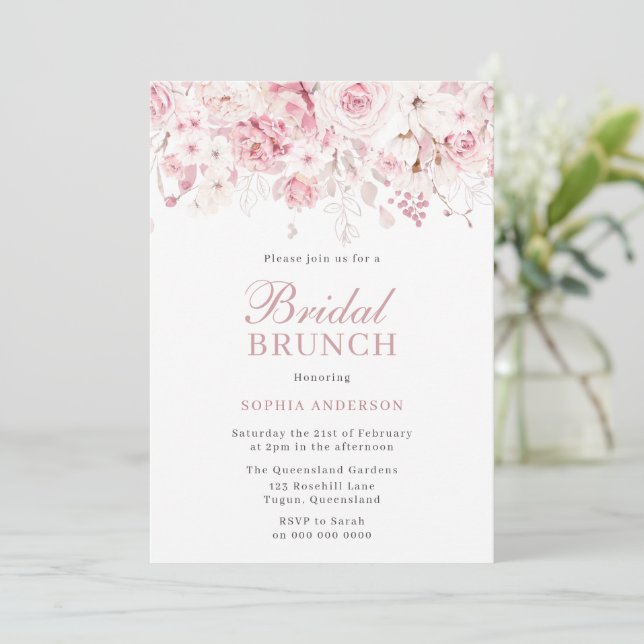 Divine Blush Roses Bridal Shower Brunch & Bubbly Invitation (Standing Front)