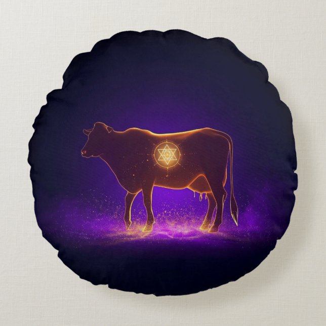 Divine Cow Silhouette | Govardhan Puja Spiritual Round Cushion (Front)