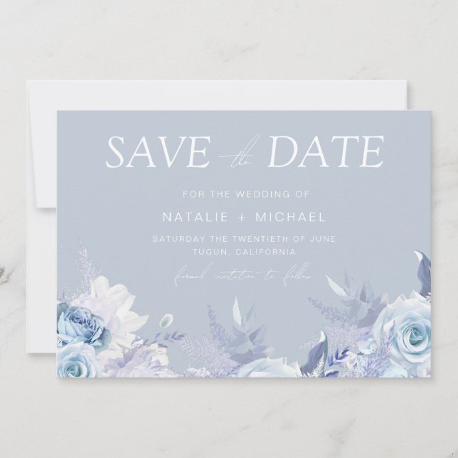 Divine Dusty Blue Floral Wedding Save The Date (Front)