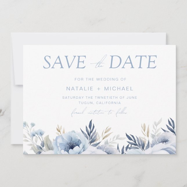 Divine Dusty Blue Floral Wedding Save The Date (Front)