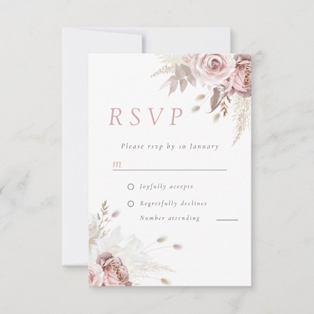 Divine Dusty Rose Blush Floral Wedding Vertical RSVP Card (Front)
