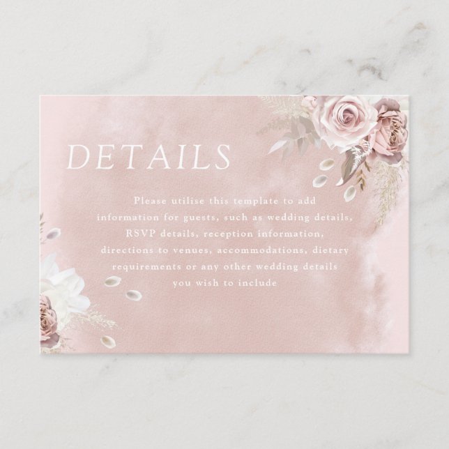 Divine Dusty Rose Blush Watercolor Wedding Details Enclosure Card (Front)