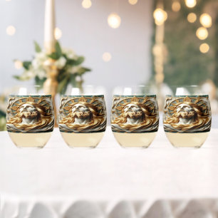 Divine Encounter Jesus Face in Ornate Gold Frame Stemless Wine Glass