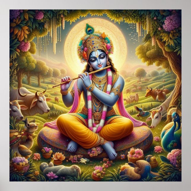 Divine Golden Flute Krishna Art Poster (Front)