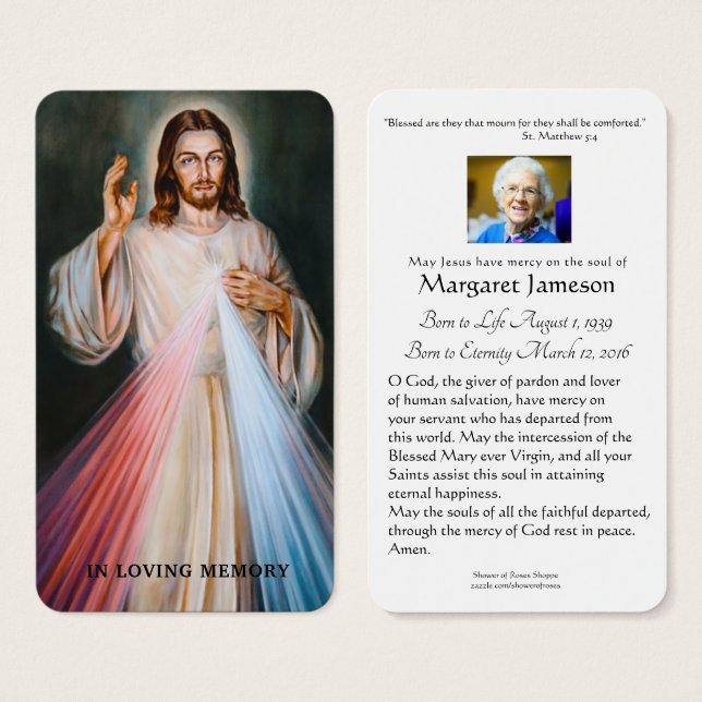 Divine Mercy Catholic Funeral Memorial Holy Card - (Front & Back)
