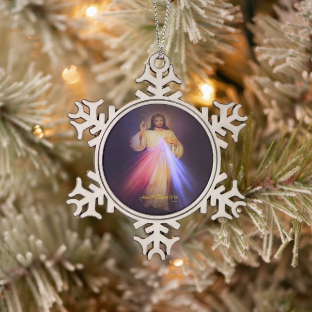 Divine Mercy Gold Snowflake Pewter Christmas Ornament (Tree)