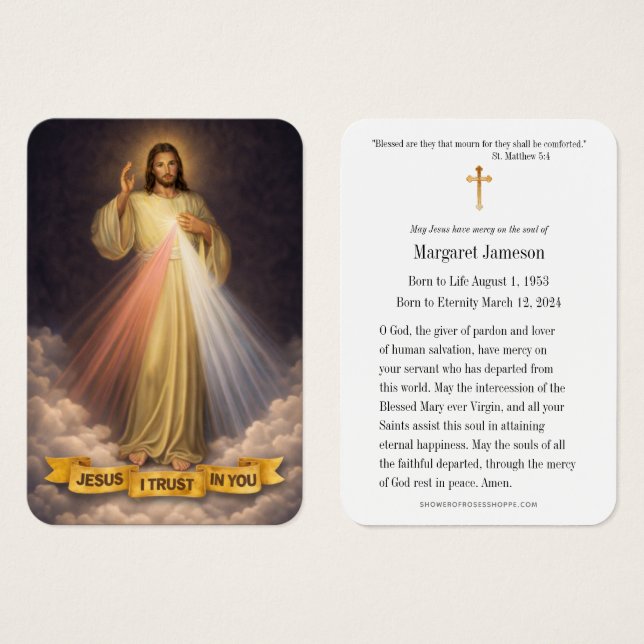 Divine Mercy Jesus Catholic Funeral Holy Card - (Front & Back)
