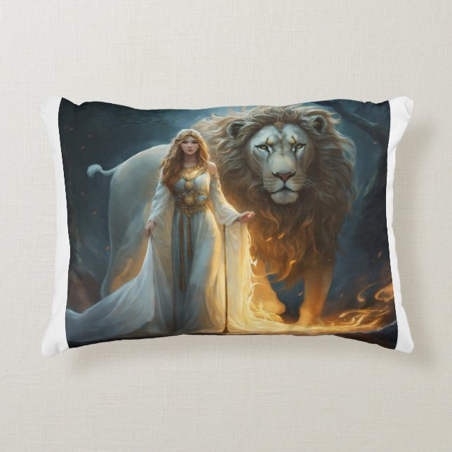 Divine Protectors: Lion and Guardian Angel Pillow (Front)