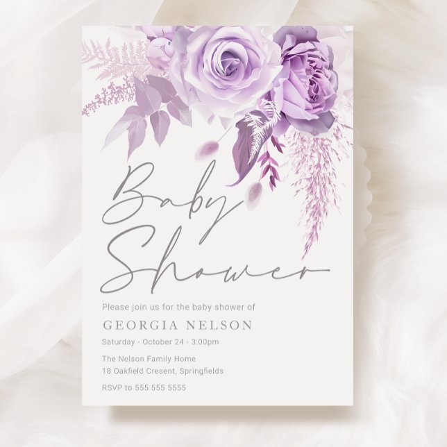 Divine Purple Lavender Rose Floral Baby Shower Invitation (Creator Uploaded)