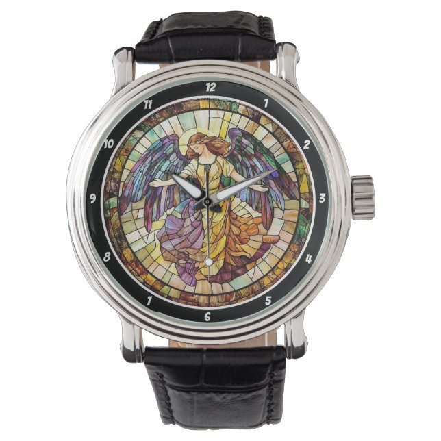 Divine Radiance Stained Glass Angel Wall Watch (Front)