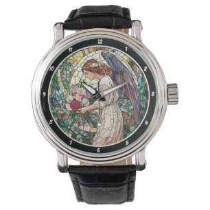 Divine Rose Garden Stained Glass Angel Wall  Watch