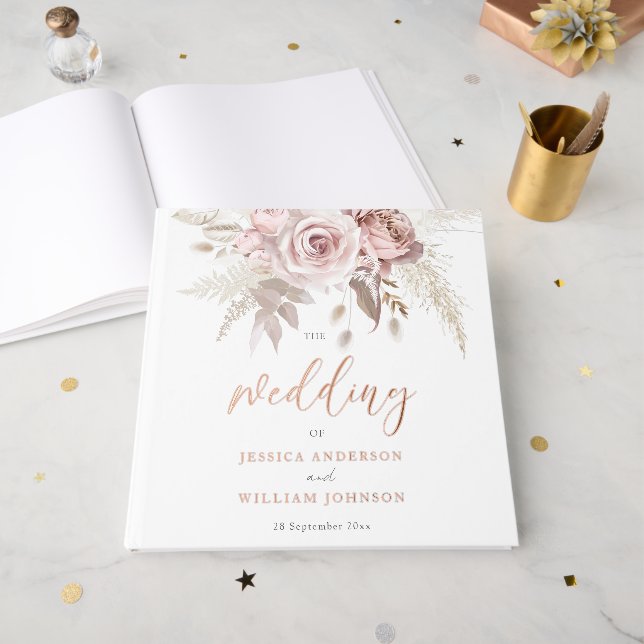 Divine Rose Gold Blush Floral Wedding Guest Book (Front Open)